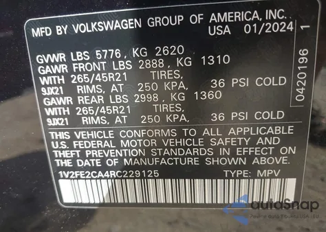 2024 Volkswagen Atlas Cross Sport 2.0T Sel Premium R-Line из США, поврежденный, VIN 1V2FE2CA4RC229125